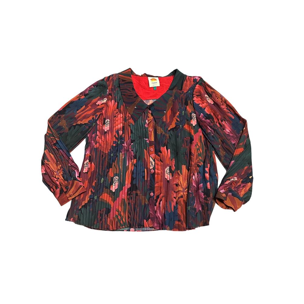 Farm Bird Flowers Pleated Shirt‎ Size Large
